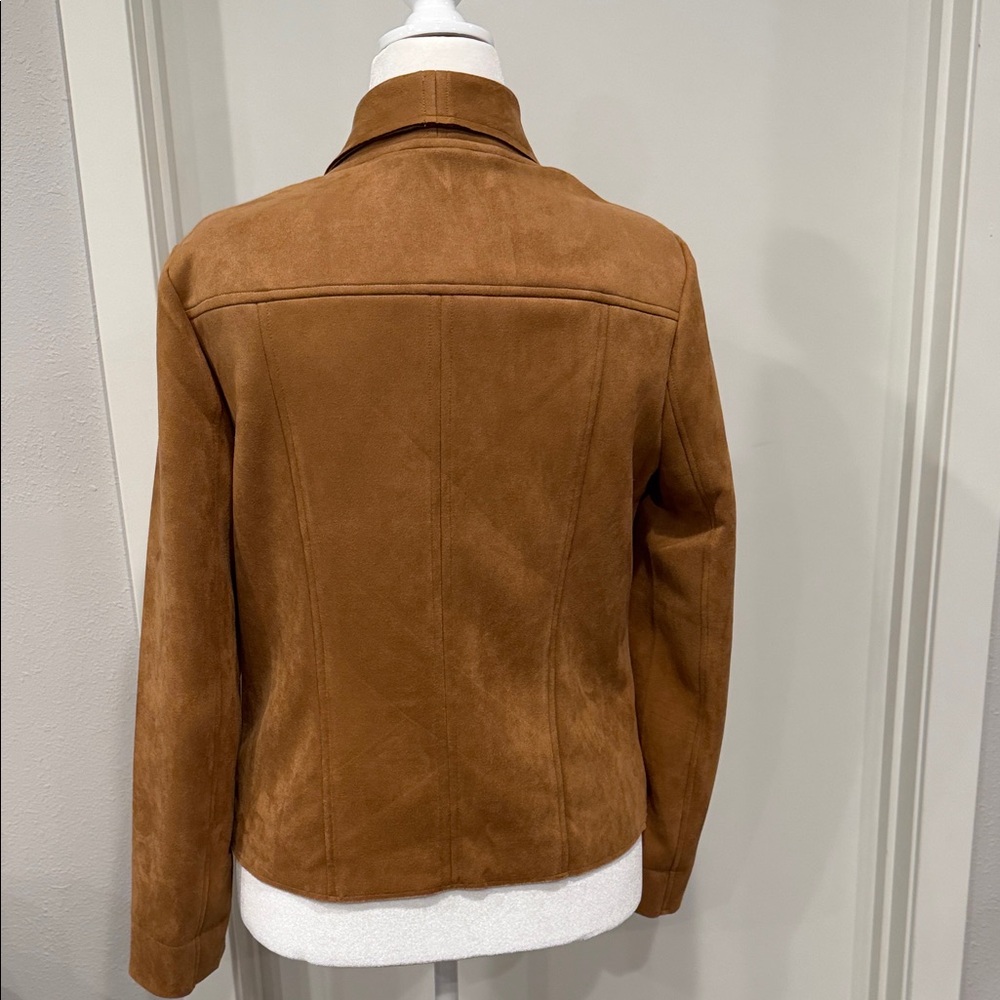 Tahari Camel Faux Suede Draped Moto Jacket Open Front Lightweight Layer Medium - Picture 4 of 8